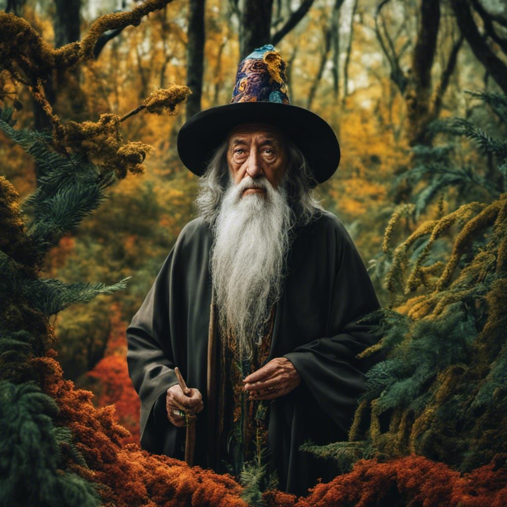 Old Mage Walks in Forest: Surreal Oil on Canvas