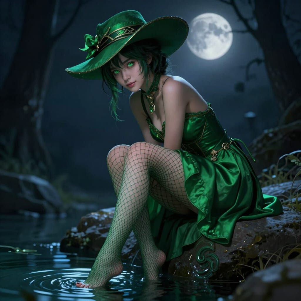 Mysterious Woman in Emerald Green Dress with Fishnets