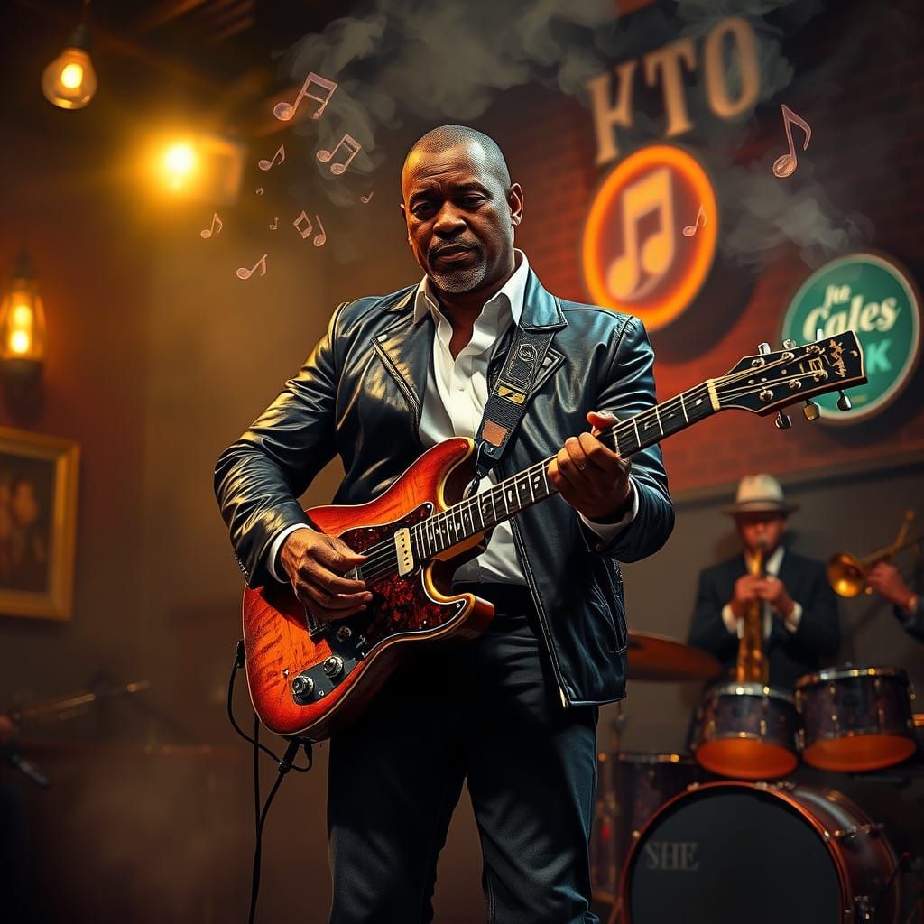 Confident Blues Musician on Stage in Smoky Bar