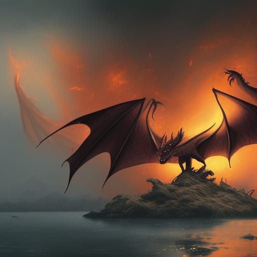 Brown Dragon Breathing Purple Fire, Dark Fantasy Art