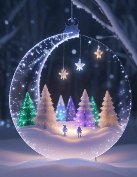 Glass Crescent Moon Ornament in Snowy Forest