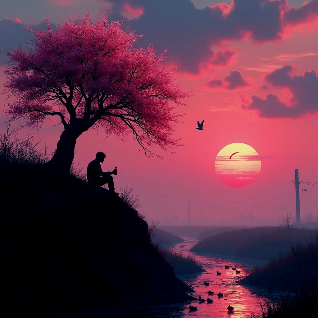 A Cyberpunk Hügel Rises Amidst Neon Lights, Dreams Fading in...