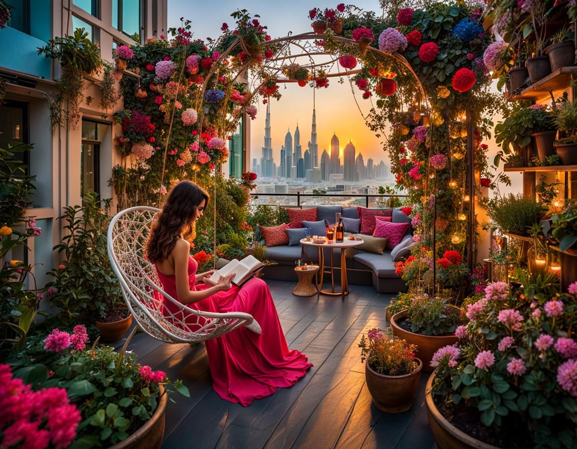 Woman in Rooftop Garden, Digital Art