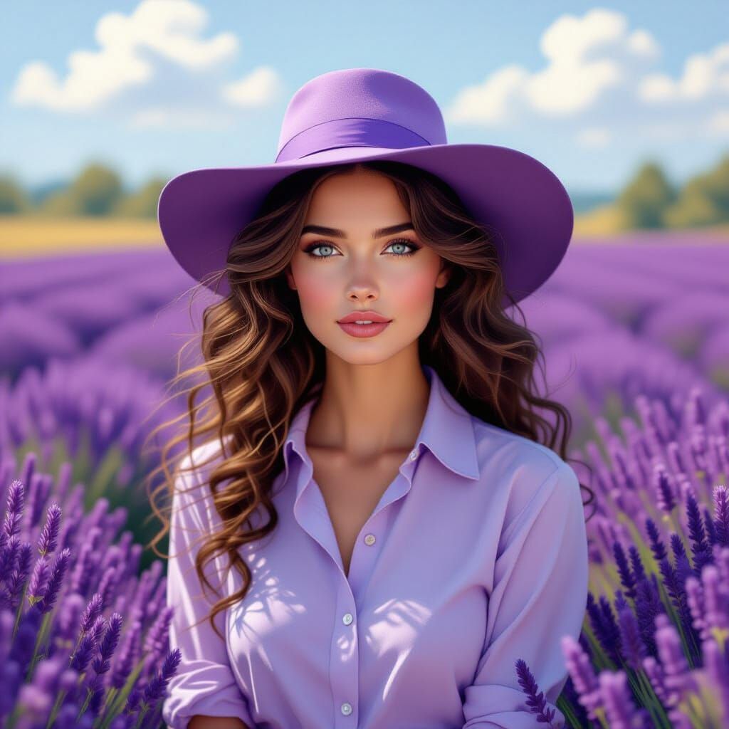 Woman in Lilac Hat in Lavender Field, Dreamy Painting