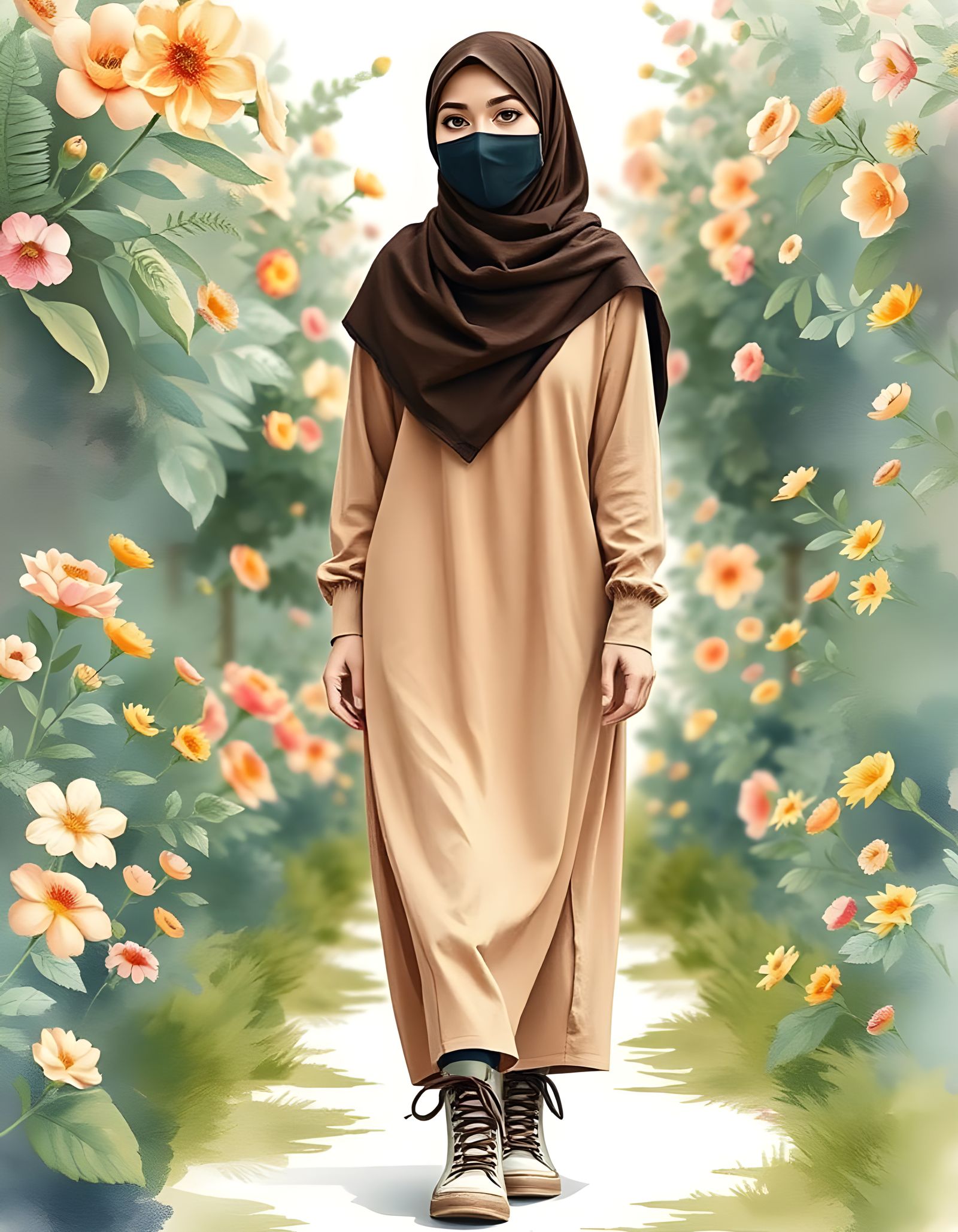 Watercolor Portrait: Hijabi Woman in Flower Garden