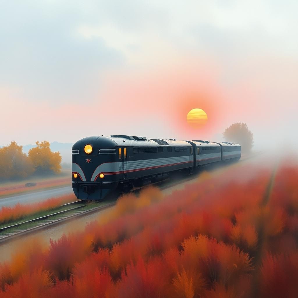 Mercury Train in Autumn Landscape, Watercolor Painting