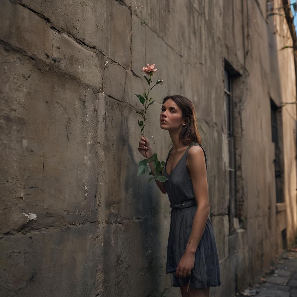 Woman Holds Glowing Flower in Abandoned Alleyway