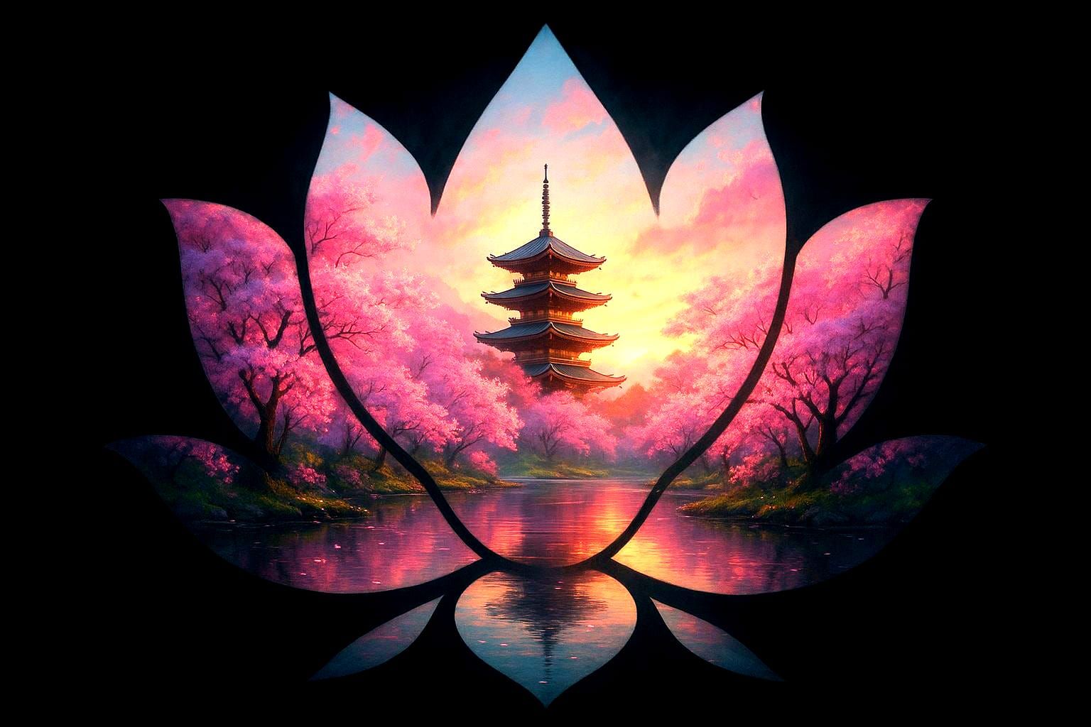Lotus Silhouette with Japanese Spring Landscape