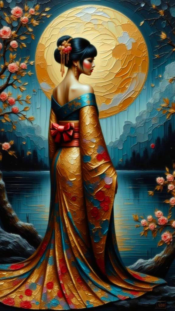 Moonlit Celestial Muse in Opulent Kimono