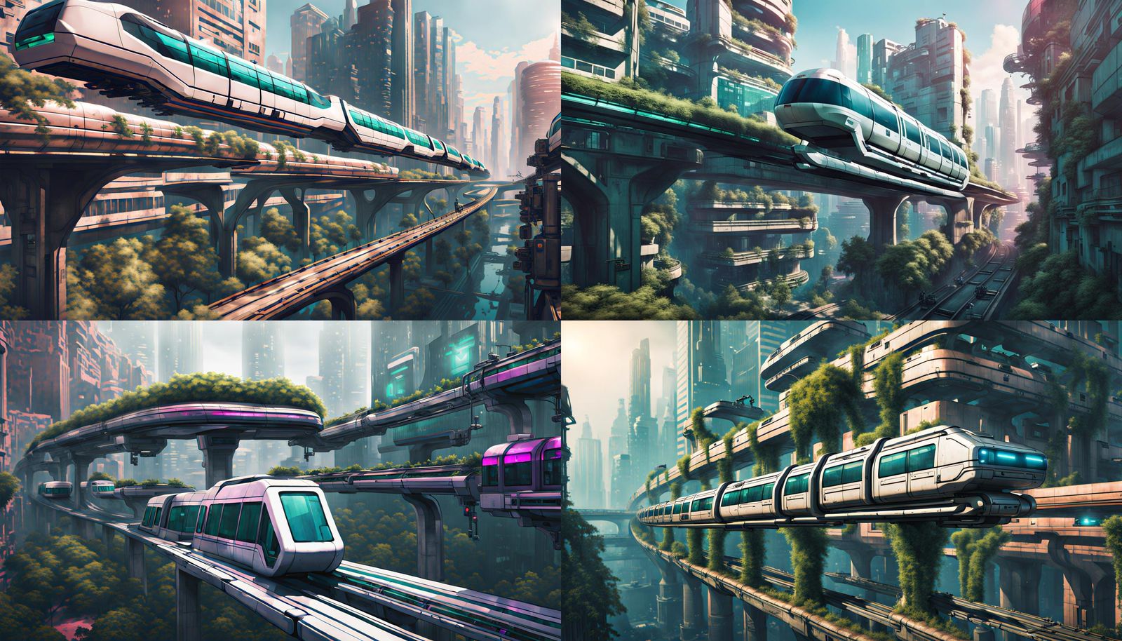 Cyberpunk Monorail Rides Through Abandoned City