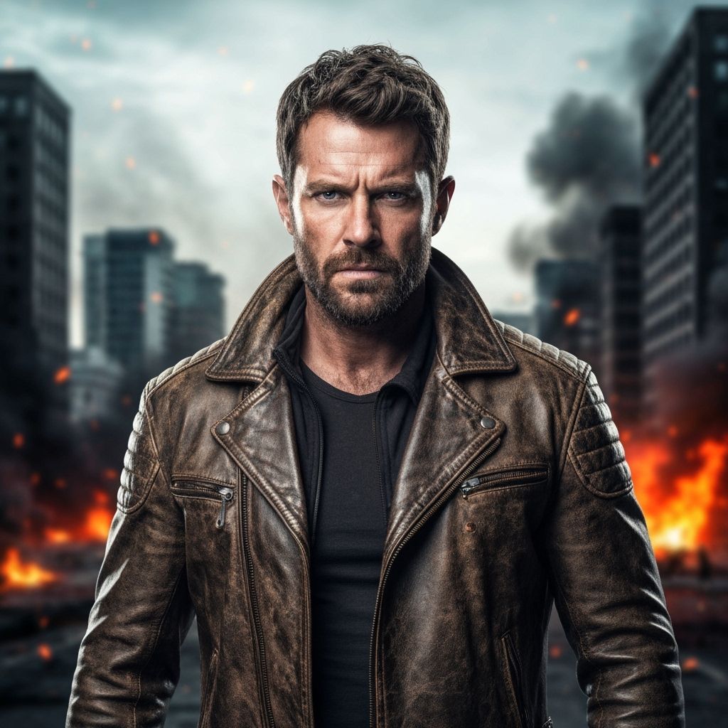 Intense Heroic Portrait in 1970s Action Movie Style