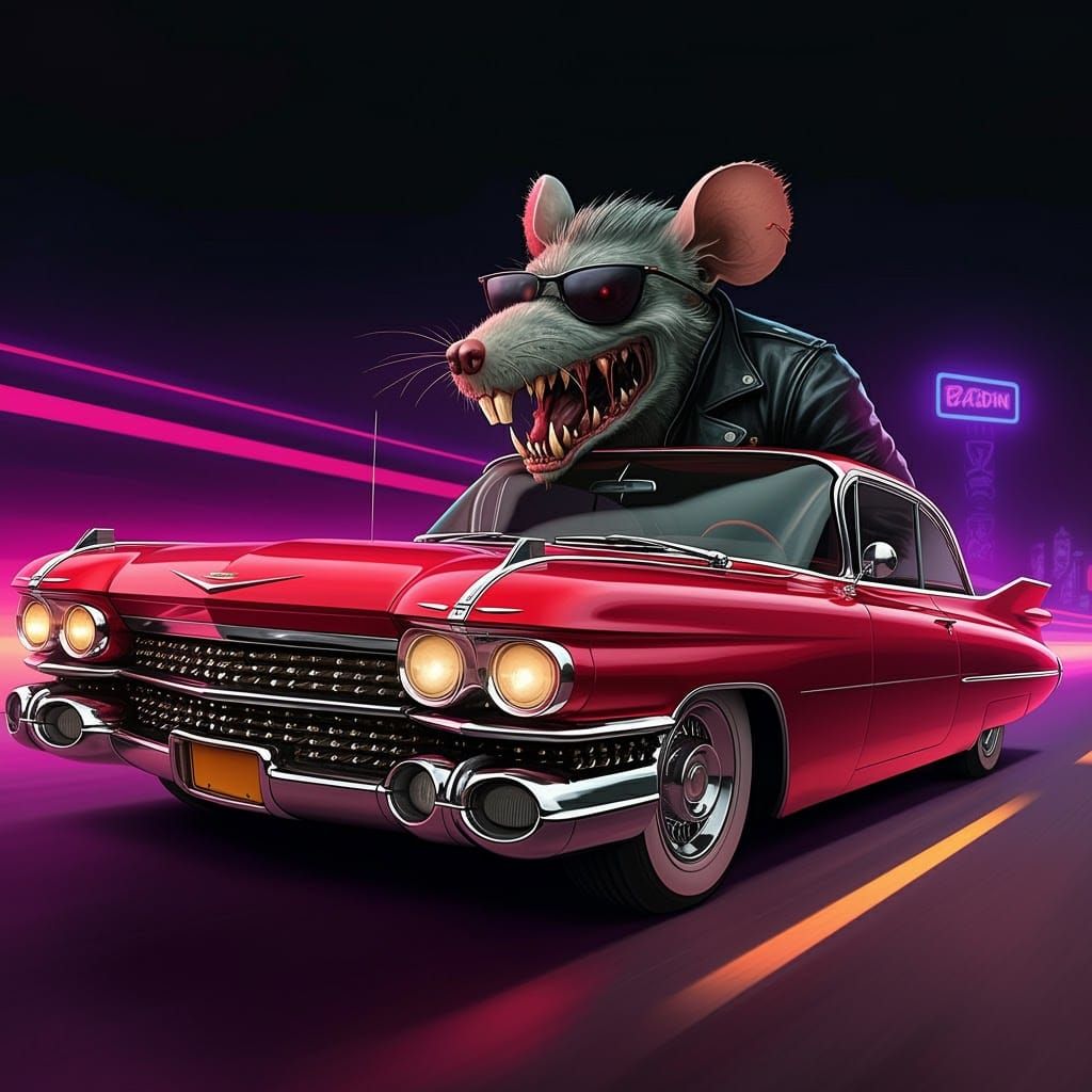 Rat Fink Monster Drives Cadillac in 2D Comic Art