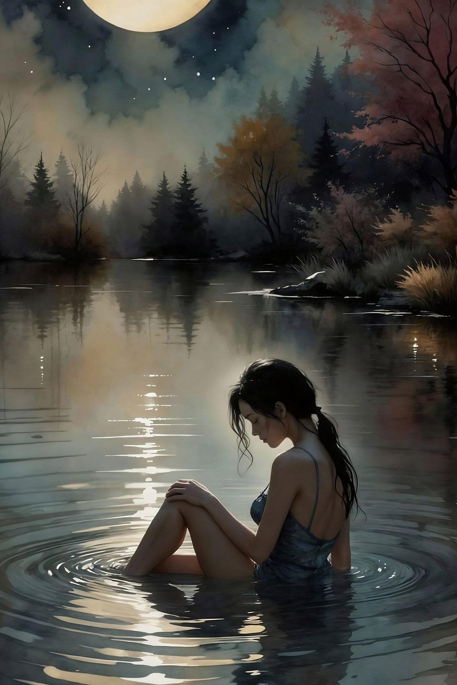 Ethereal Woman Bathing Under Moonlight in Watercolor Style
