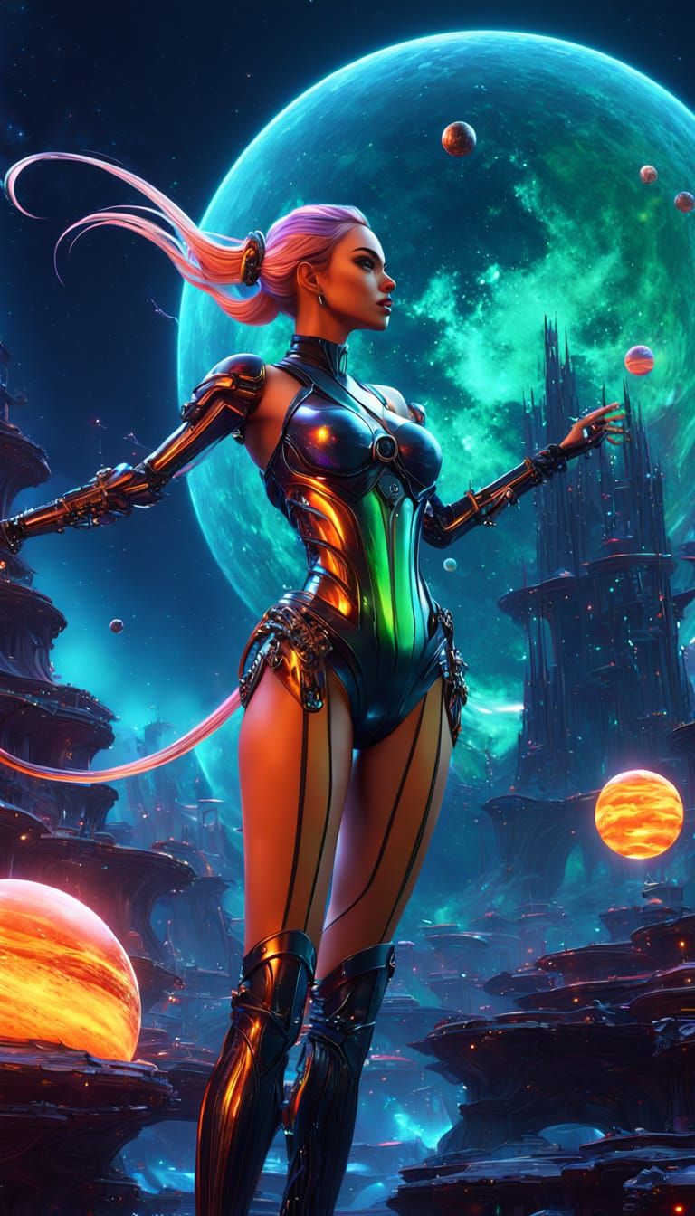 Cosmic Dragon Girl in Vibrant Slime and Metal