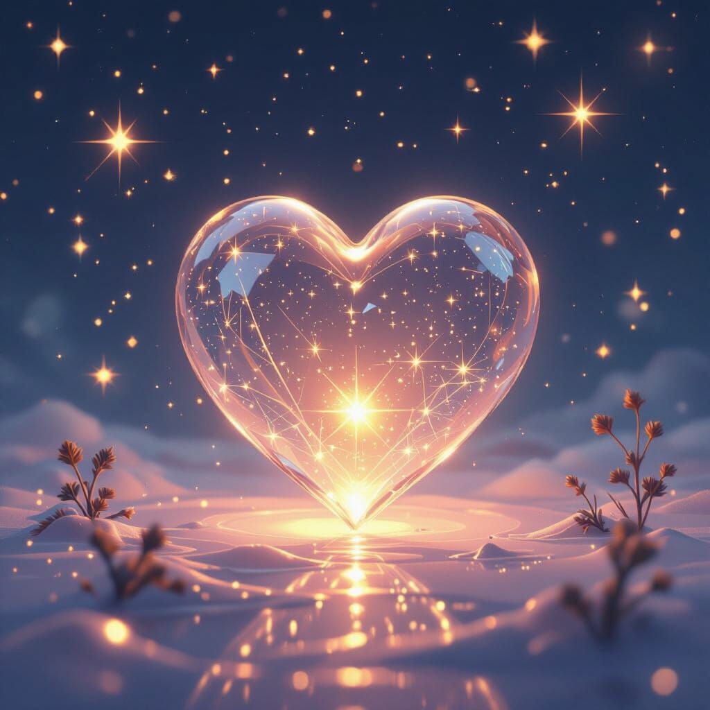 Delicate Glass Heart Among Stars in Digital Art Style