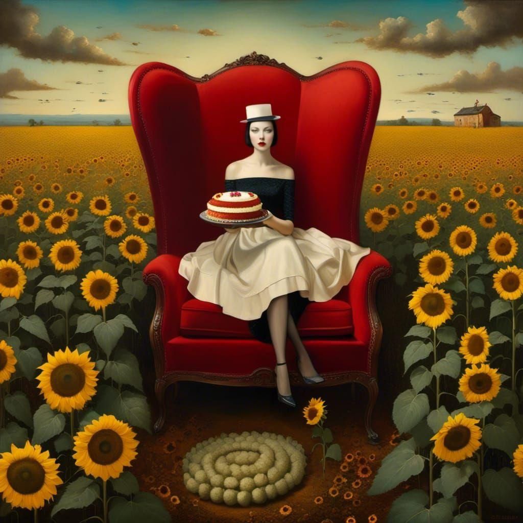 Surreal Sunflower Field Feast on Red Couch