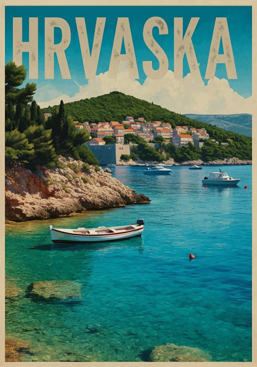 Adriatic Coastline with Hrvatska, Vintage Travel Poster Styl...