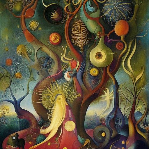 Mystical Creatures Interact in Surreal Dreamscape