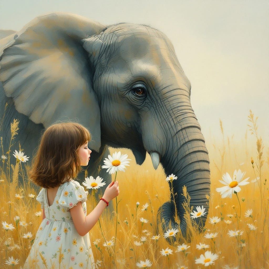 Girl and Elephant in Golden Field, Impressionist Style