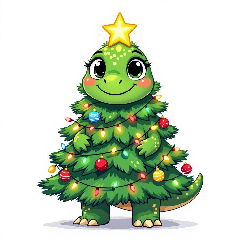 Cartoon Dinosaur Christmas Tree on White Background