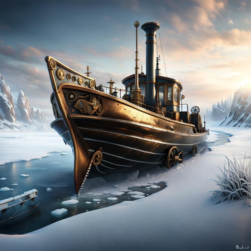 Steampunk Boat on Frozen River in Winter