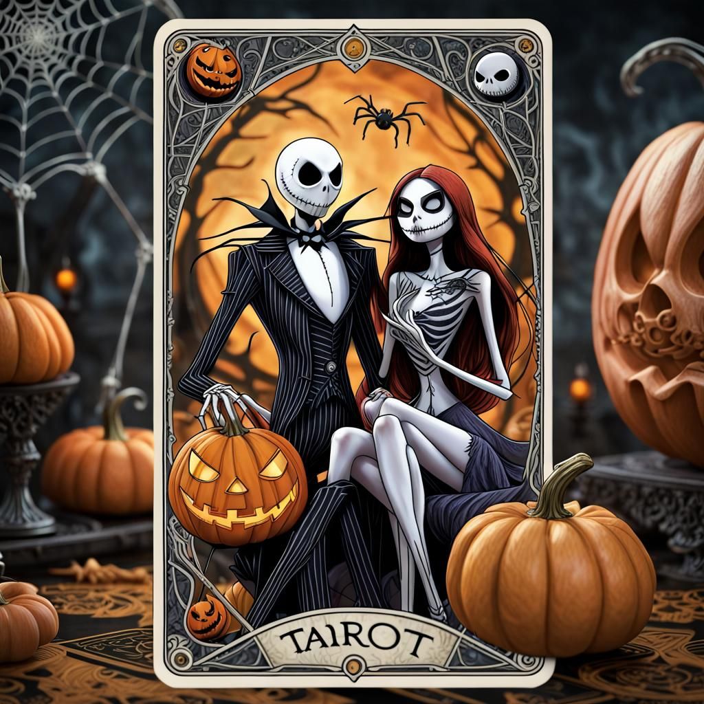 Jack and Sally Tarot Card with Halloween Elements