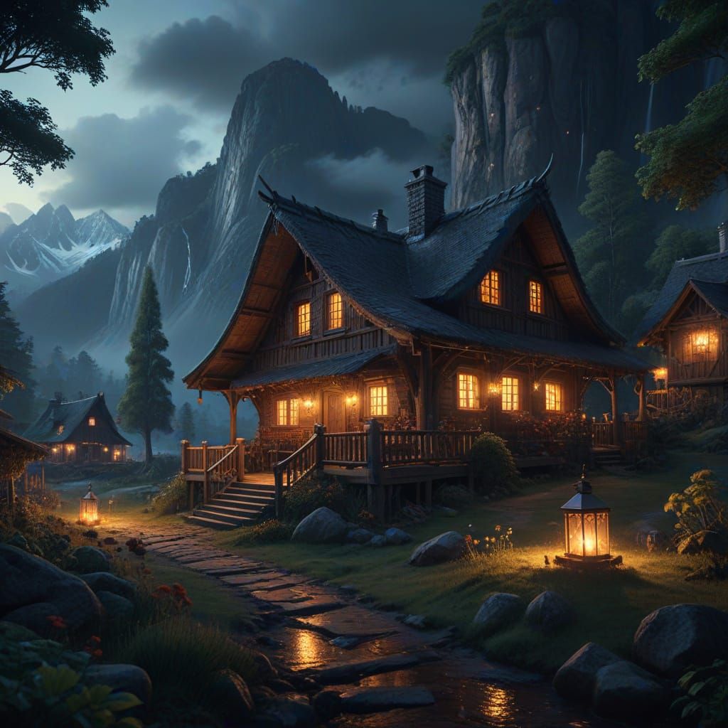 Epic Digital Village Scene with Glowing Cabin