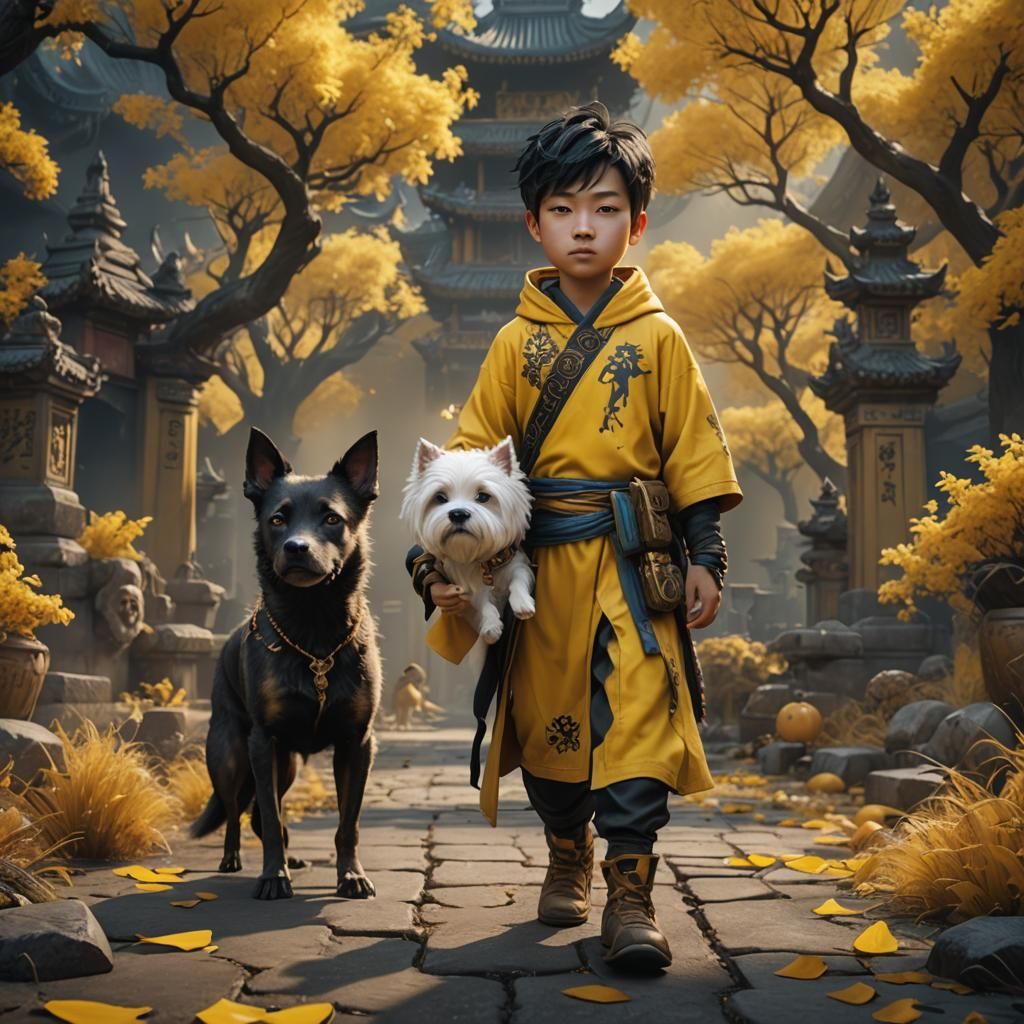 Boy and Ghostly Dog in Fantastical Landscape
