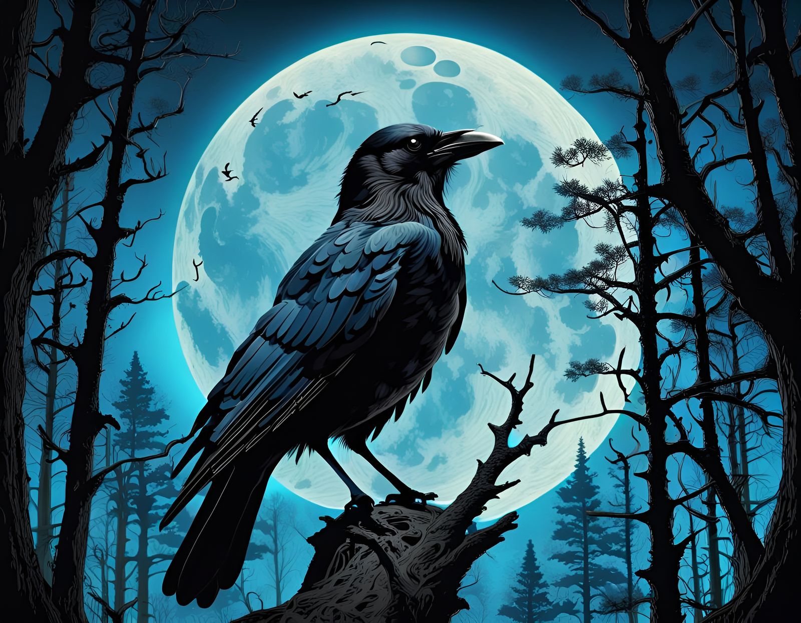 Steampunk Crow Silhouette in Front of Neon Moon