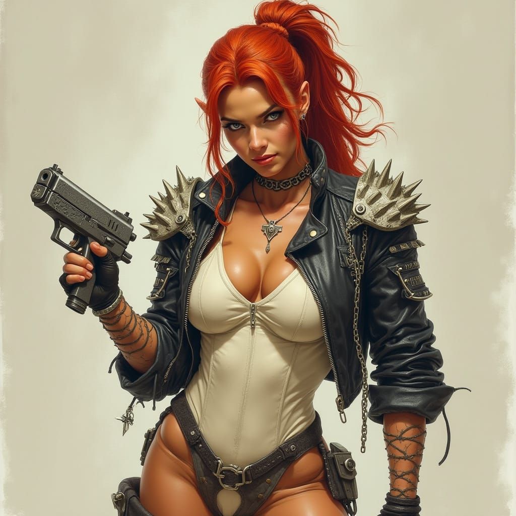 Cyberpunk Orcish Warrior Woman in Leather and Biker Jacket