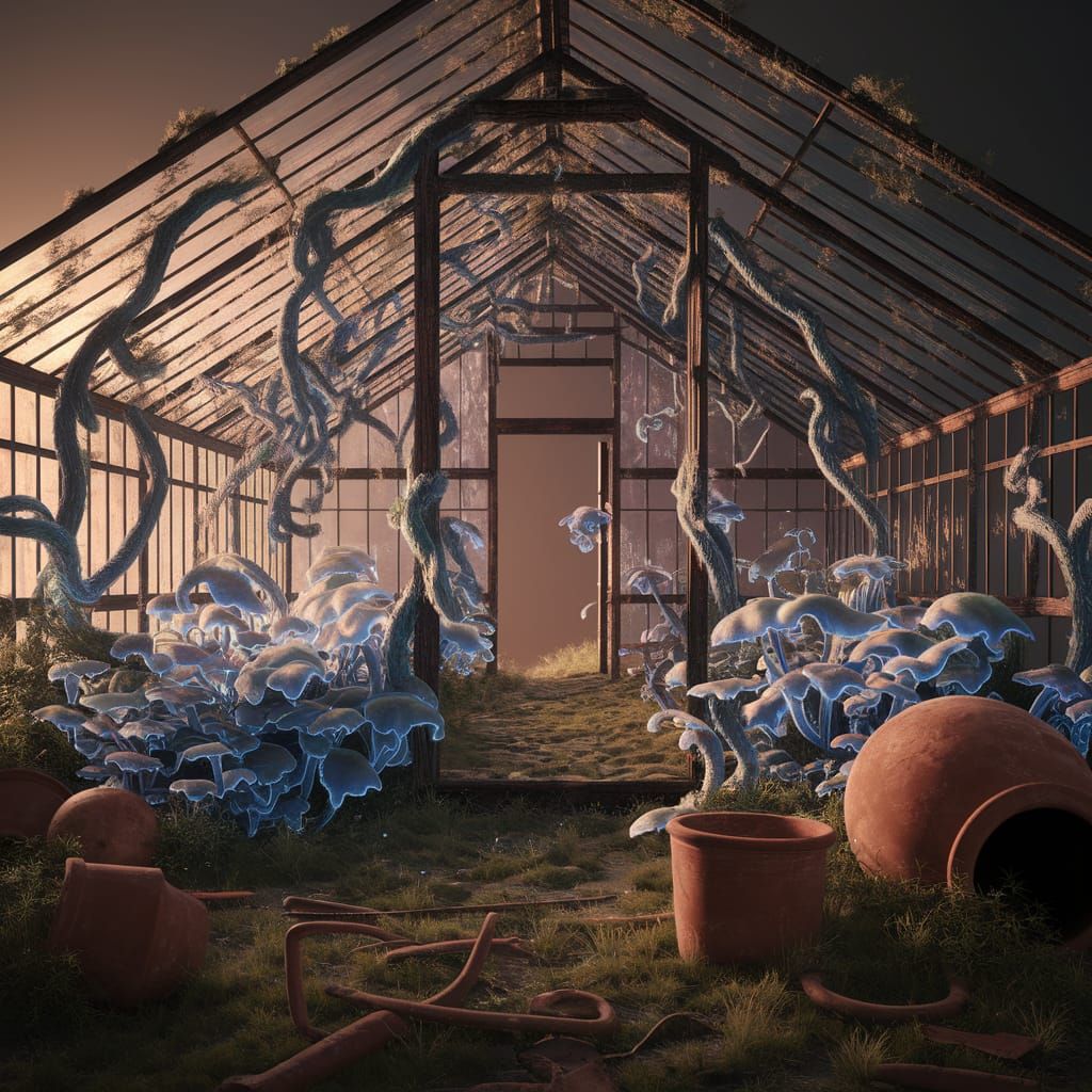 Abandoned Greenhouse in 3D Render with Bioluminescent Flora