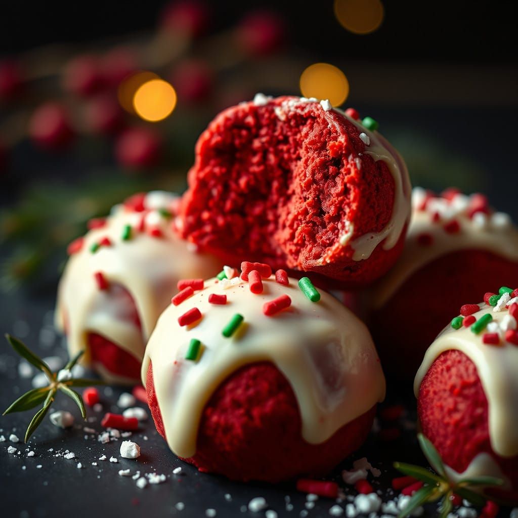 Cinematic Red Velvet Truffles in Photorealistic Closeup with...