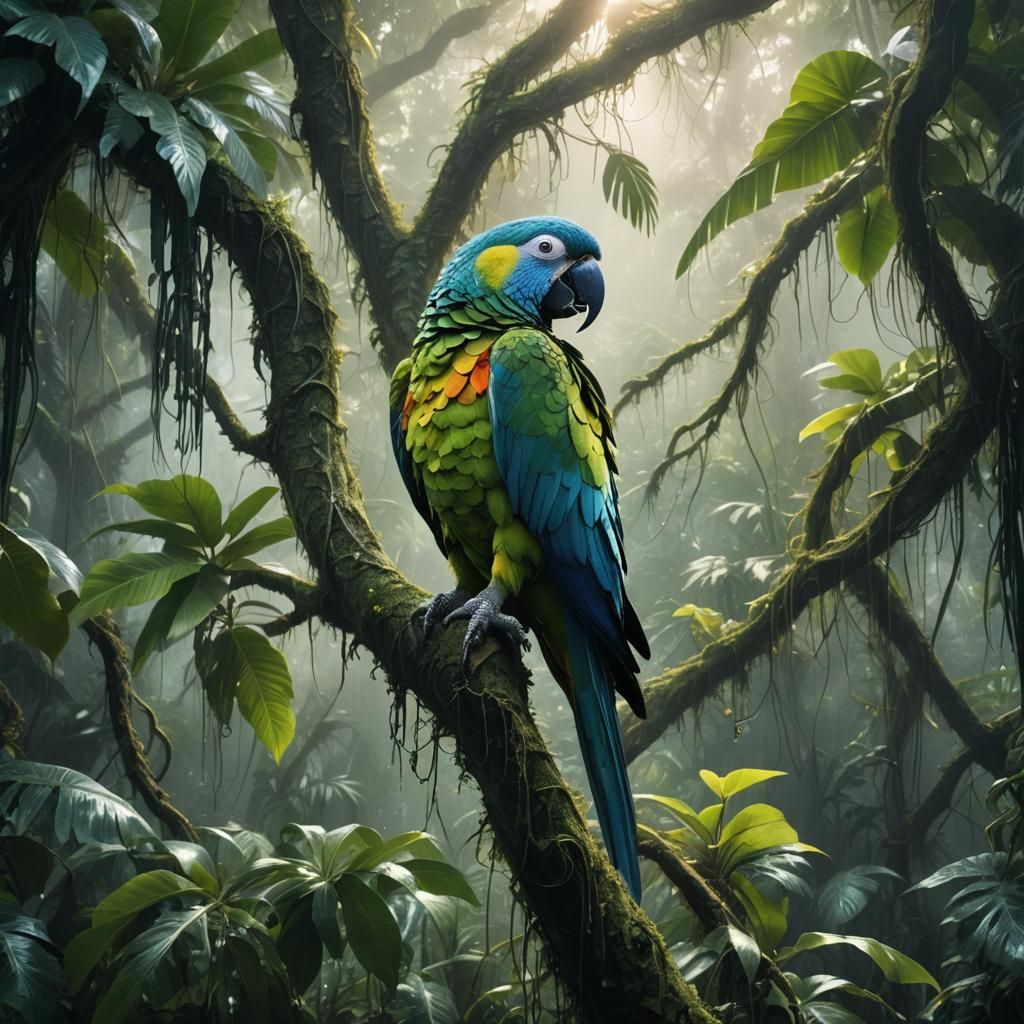 Parrot in Rainforest: Vibrant Matte Painting