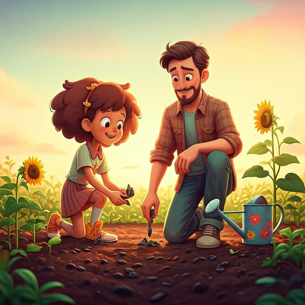 A Young Girl Plants Sunflowers with Her Gentle Father in a V...