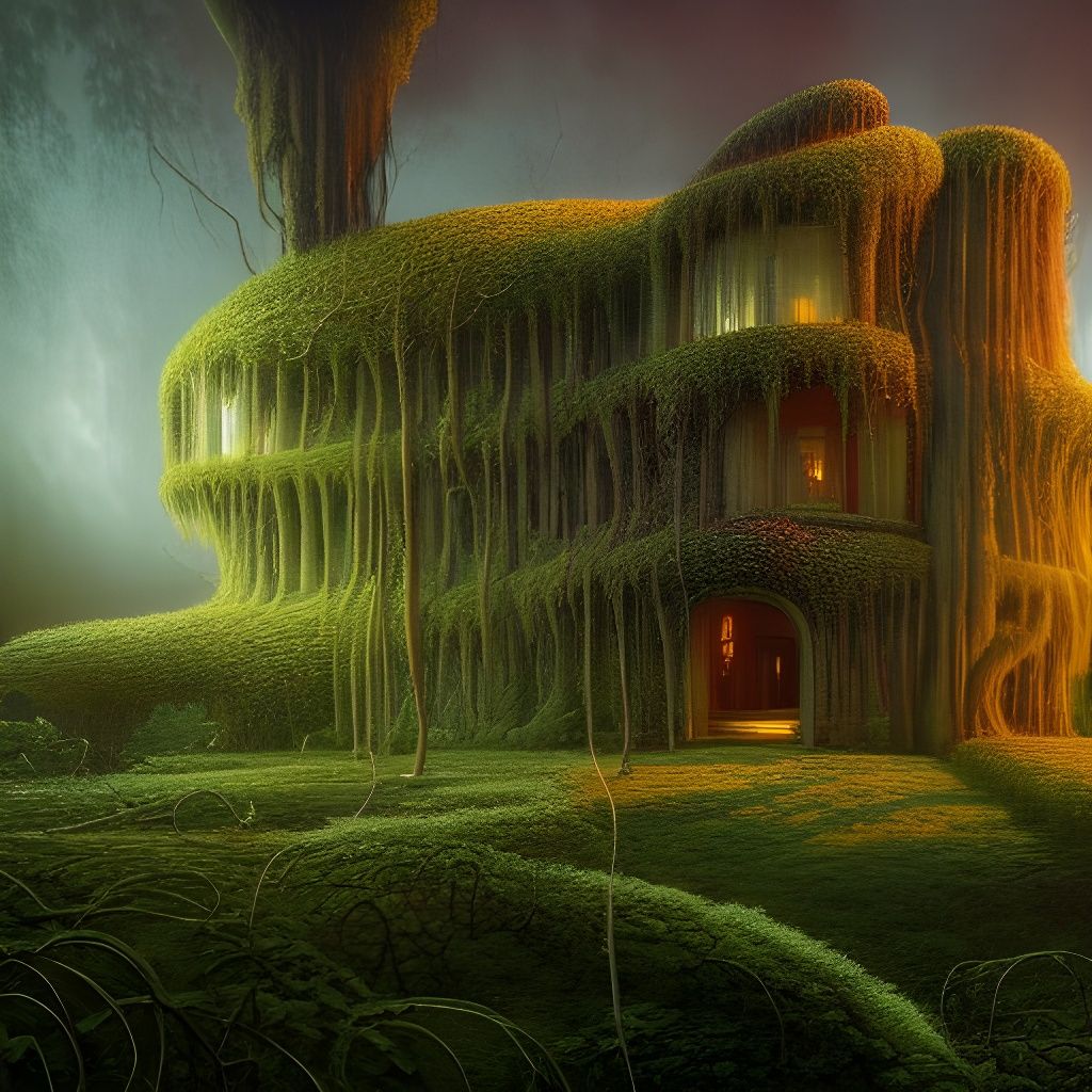 Surreal Glass and Moss House in Biopunk Style