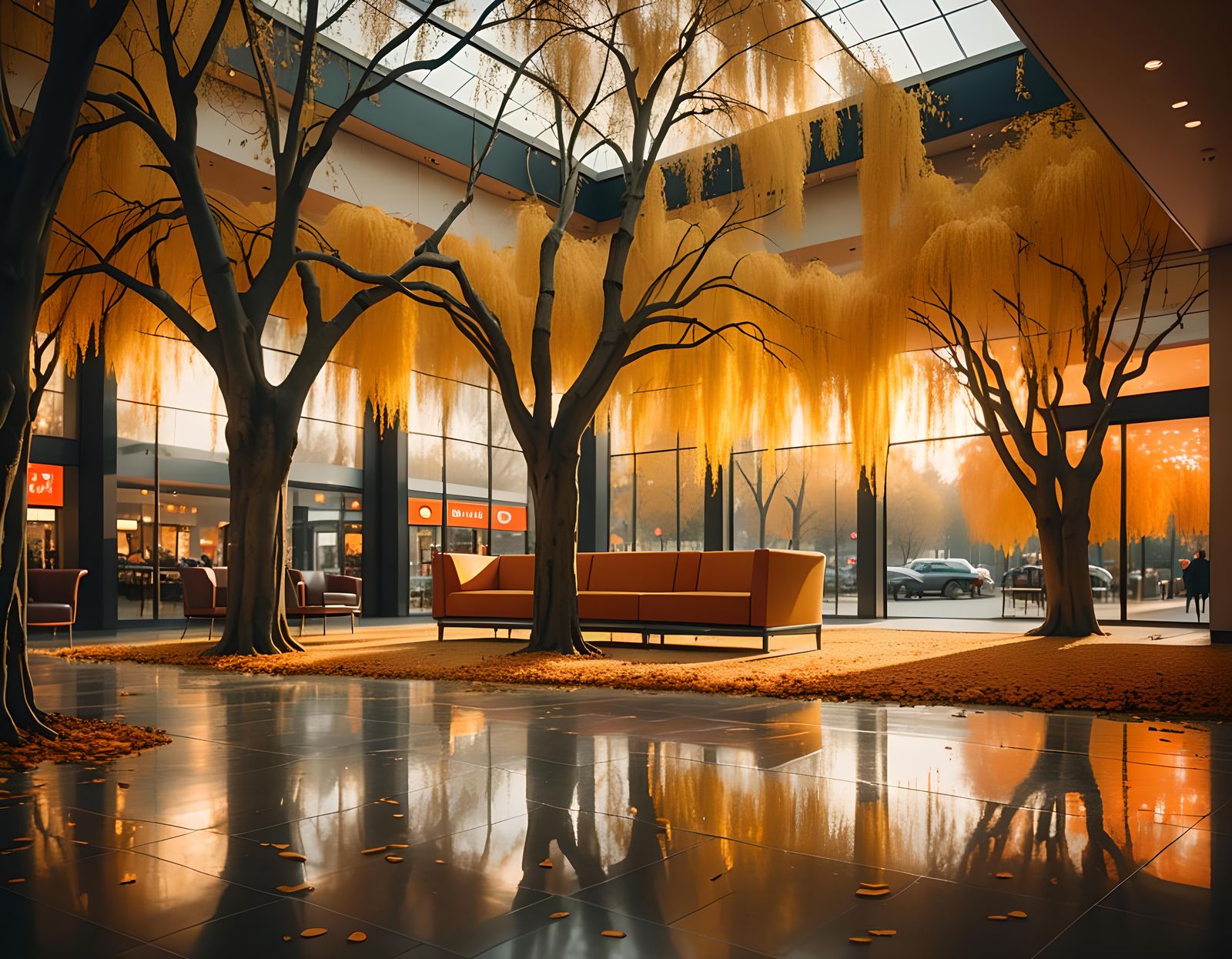 Vibrant Autumn Mall Lounge with Weeping Willows