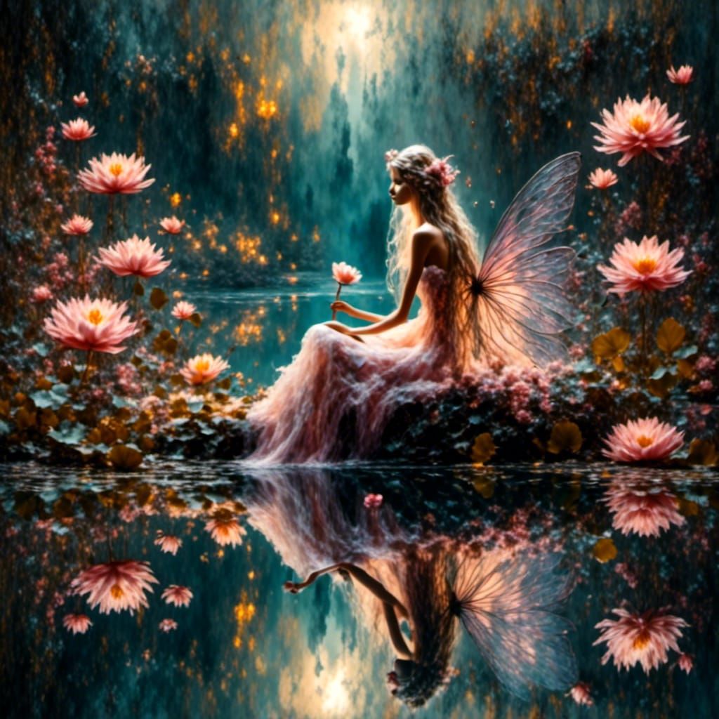 Fairy on Lotus Flower in Abstract Impasto Style