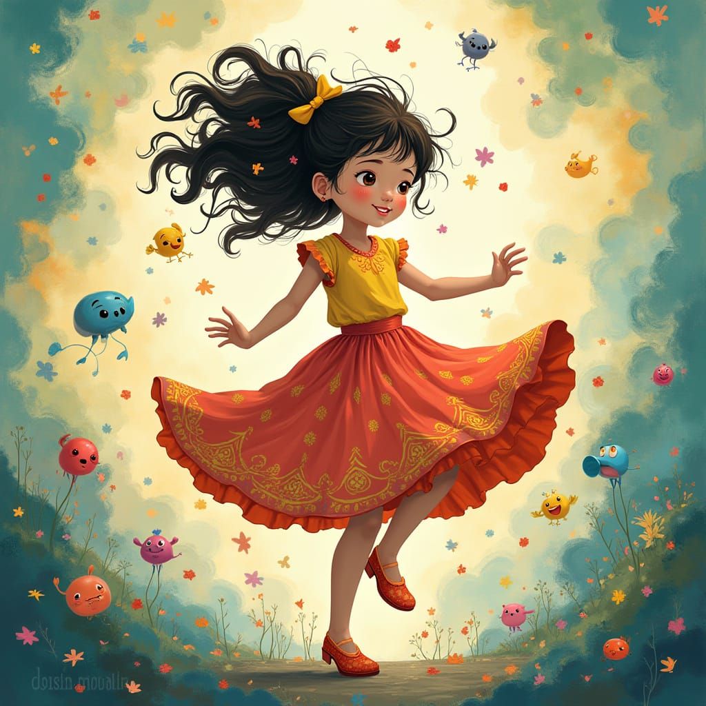 Joyful Girl Dancing in Whimsical Animated Style