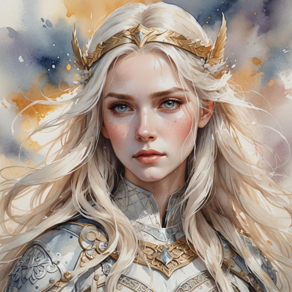 Ethereal Valkyrie Portrait in Watercolor Style