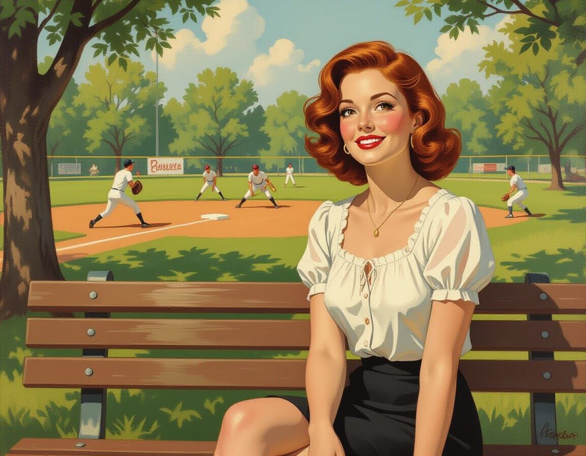 Nostalgic Oil Painting of Woman at Softball Game
