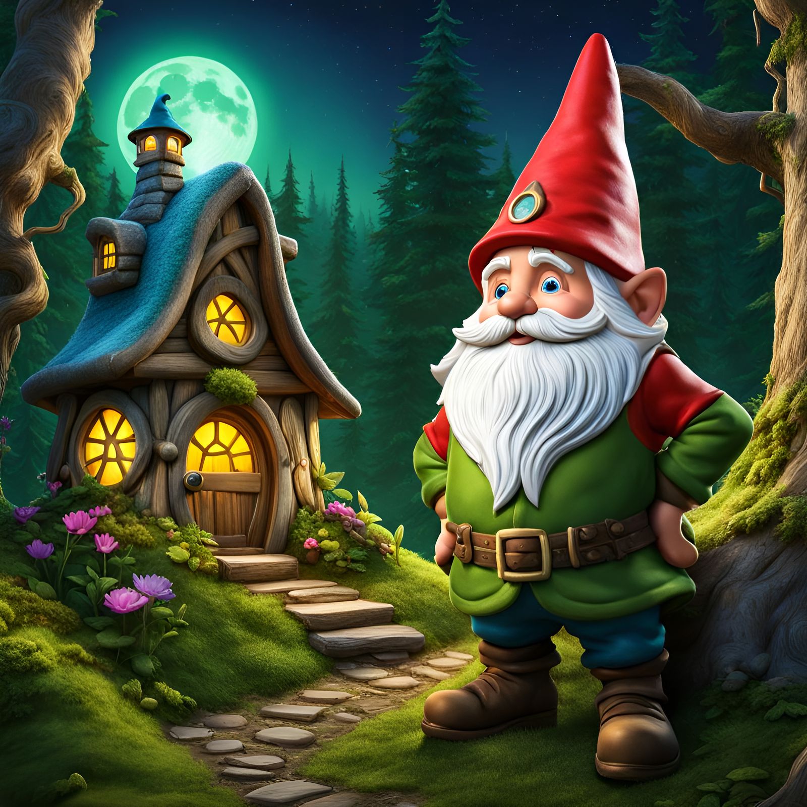 Fantasy Gnome Home Under Full Moon