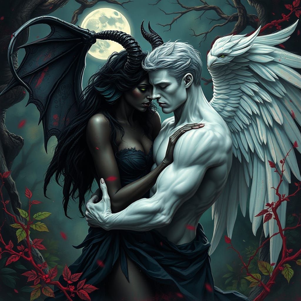 Dark Angel and Demon in a Moonlit Garden