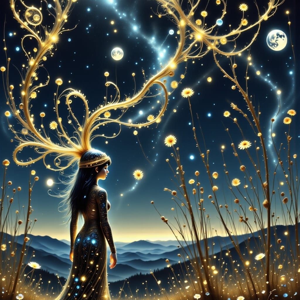 Woman Gazing at Galaxy with Glowing Comets