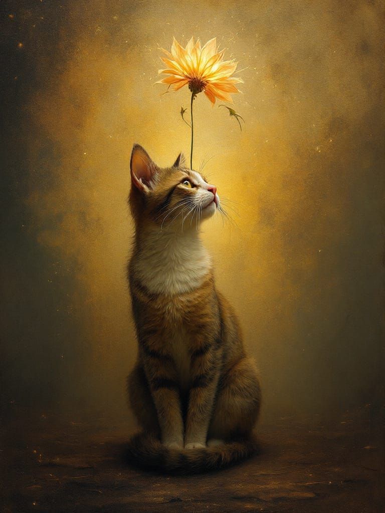 Adorable Cat Under Glowing Flower in Honeyed Shadows