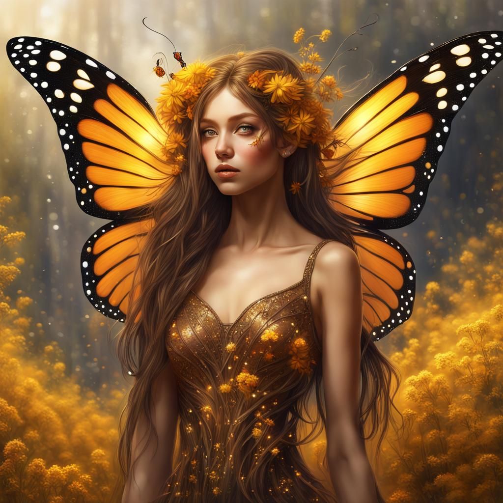 Fairy Portrait with Butterfly Wings and Goldenrod Flowers