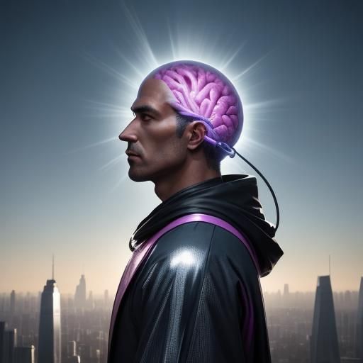 Futuristic Man with Visible Brain in Utopian City