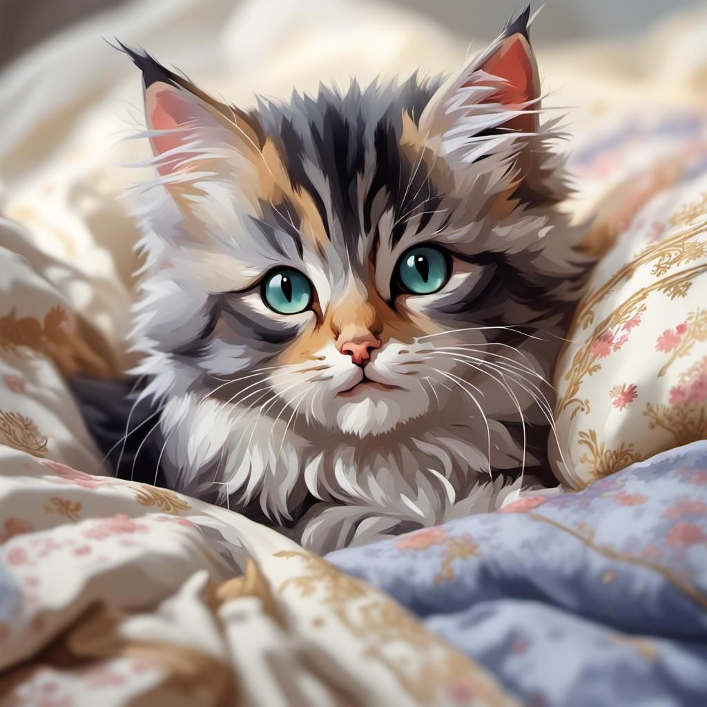 Adorable Grey Chibi Cat in Impressionist Watercolor