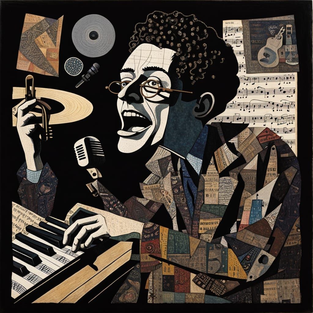 Surreal Folk Art Masterpiece of a Musician in Dark Moody Col...