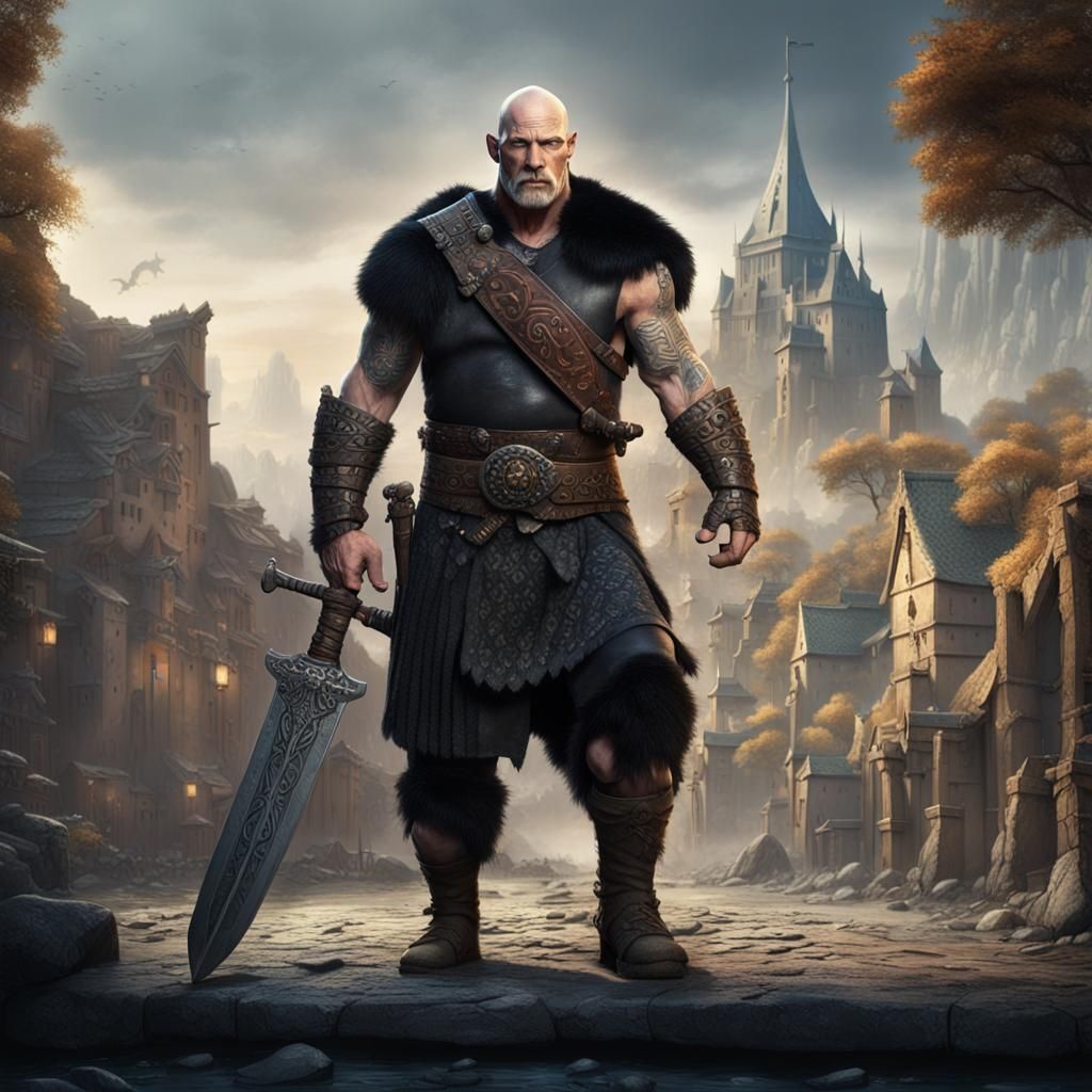 Fantasy Goliath Barbarian with Sword in Medieval City