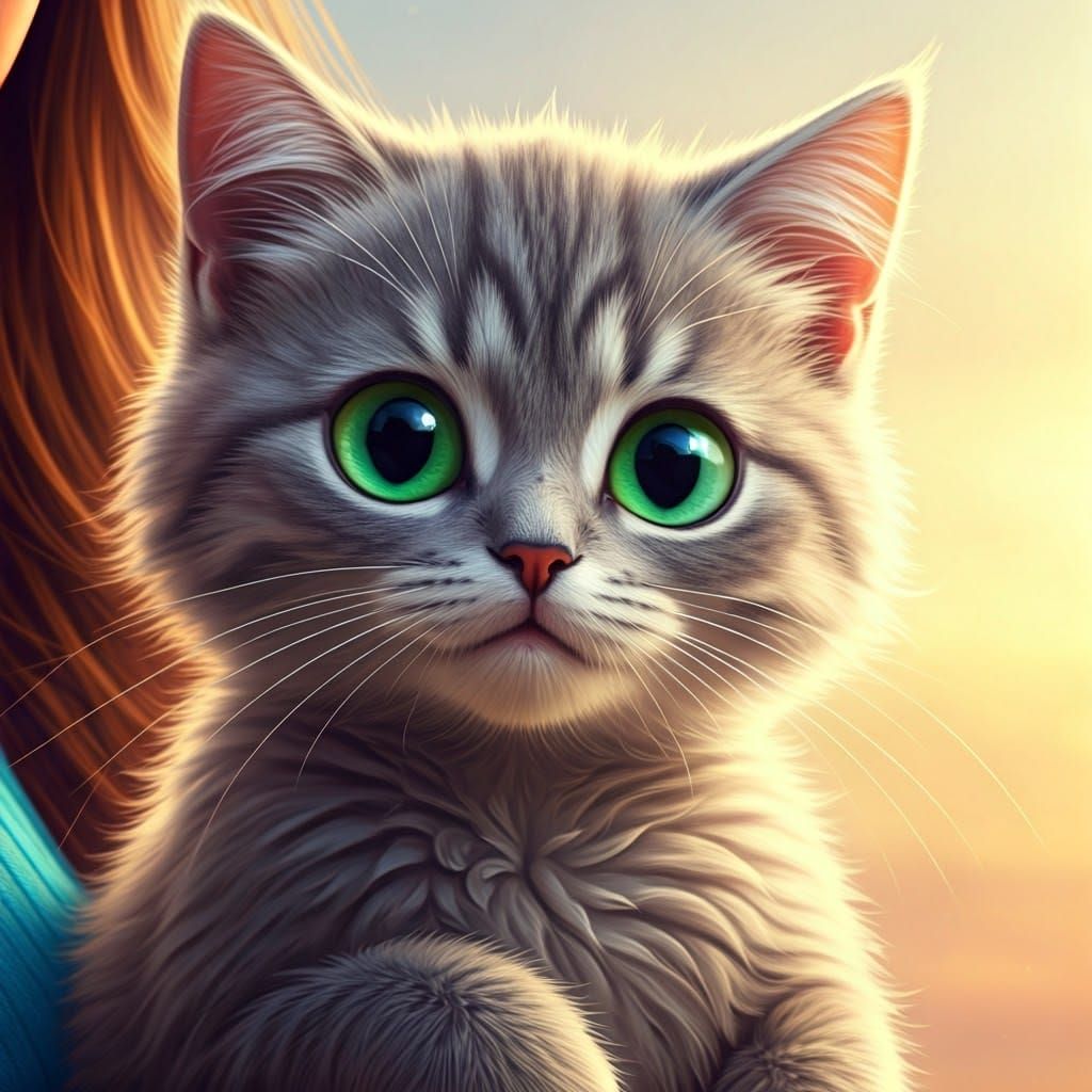 Adorable Gray Cat with Green Eyes in Pixar Style